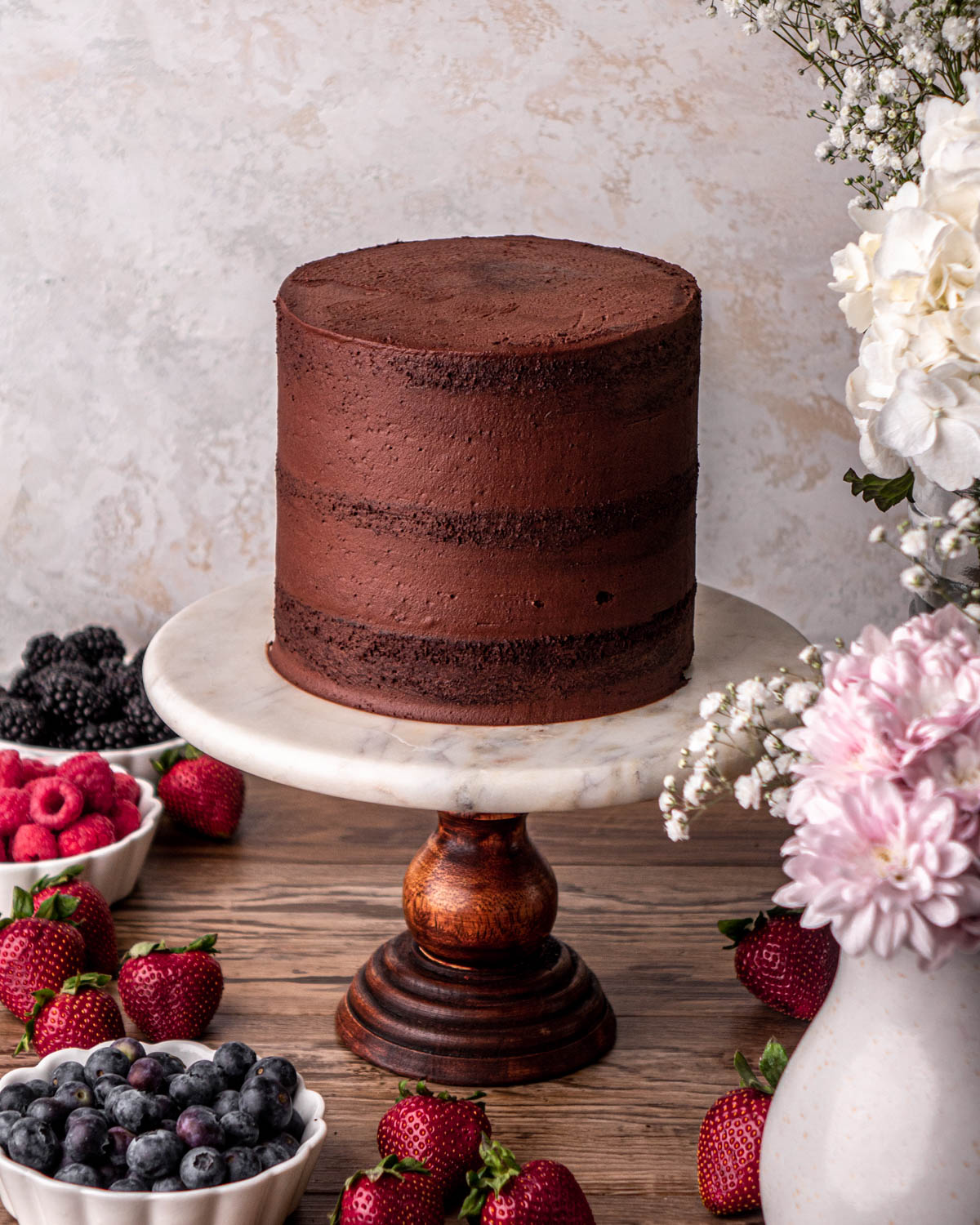 chocolate cake with thin layer of chocolate buttercream