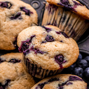 close up of blueberry muffins in muffin tin