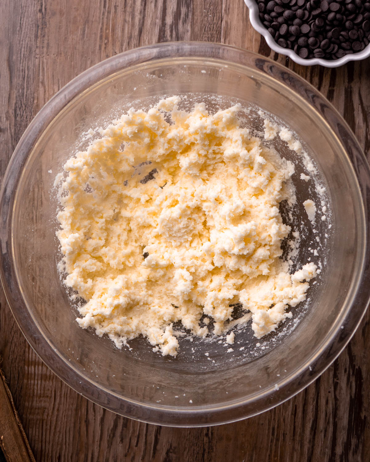 butter and sugar creamed together in glass bowl