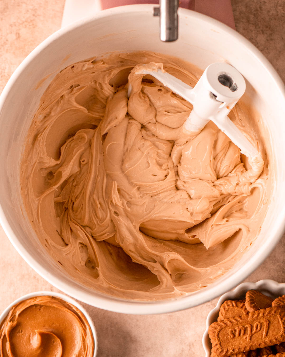 cookie butter, vanilla and sour cream mixed into cream cheese mixer in a stand mixer