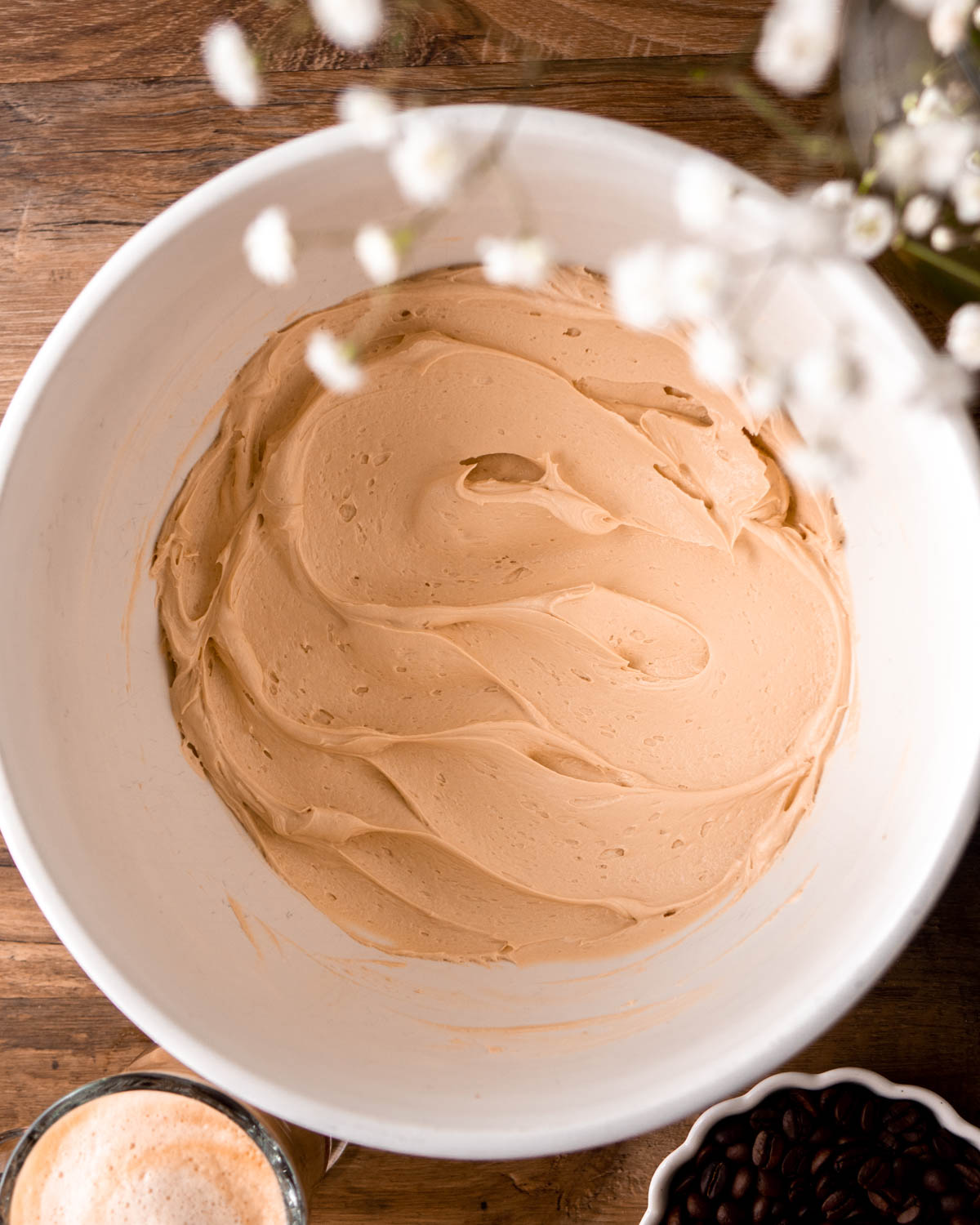 coffee butter cream in a white bowl