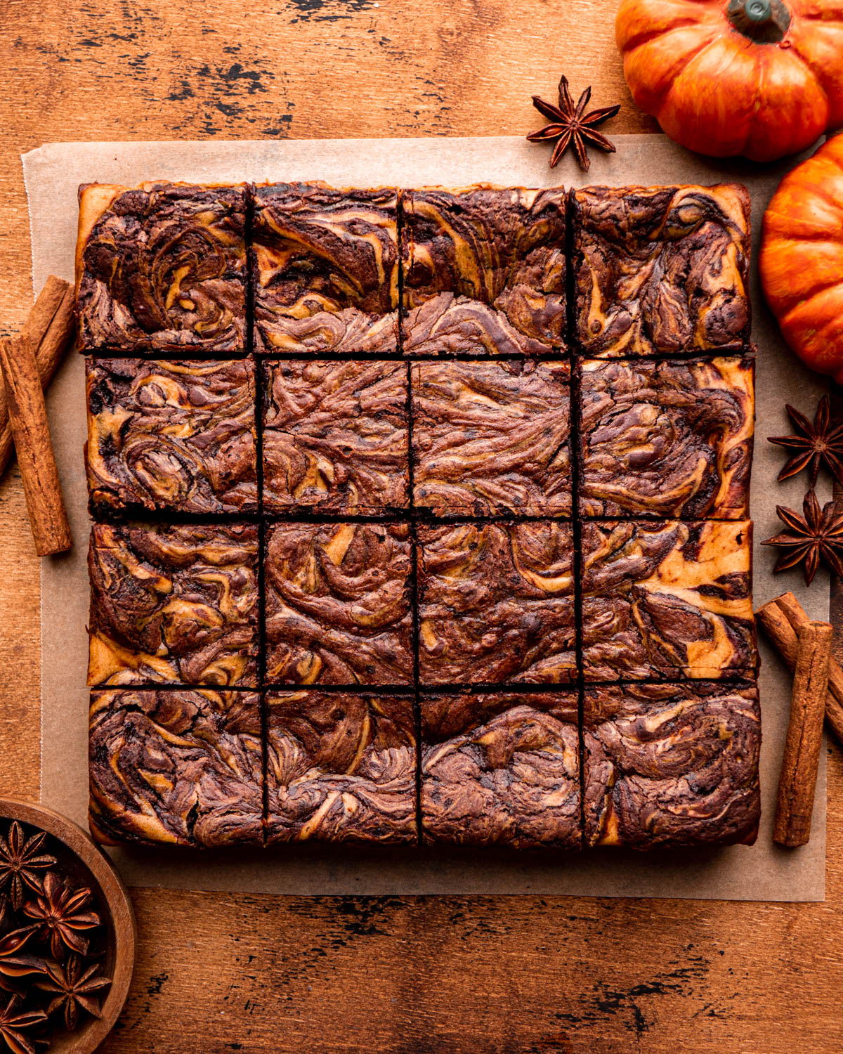 pumpkin brownies cut into 16 squares