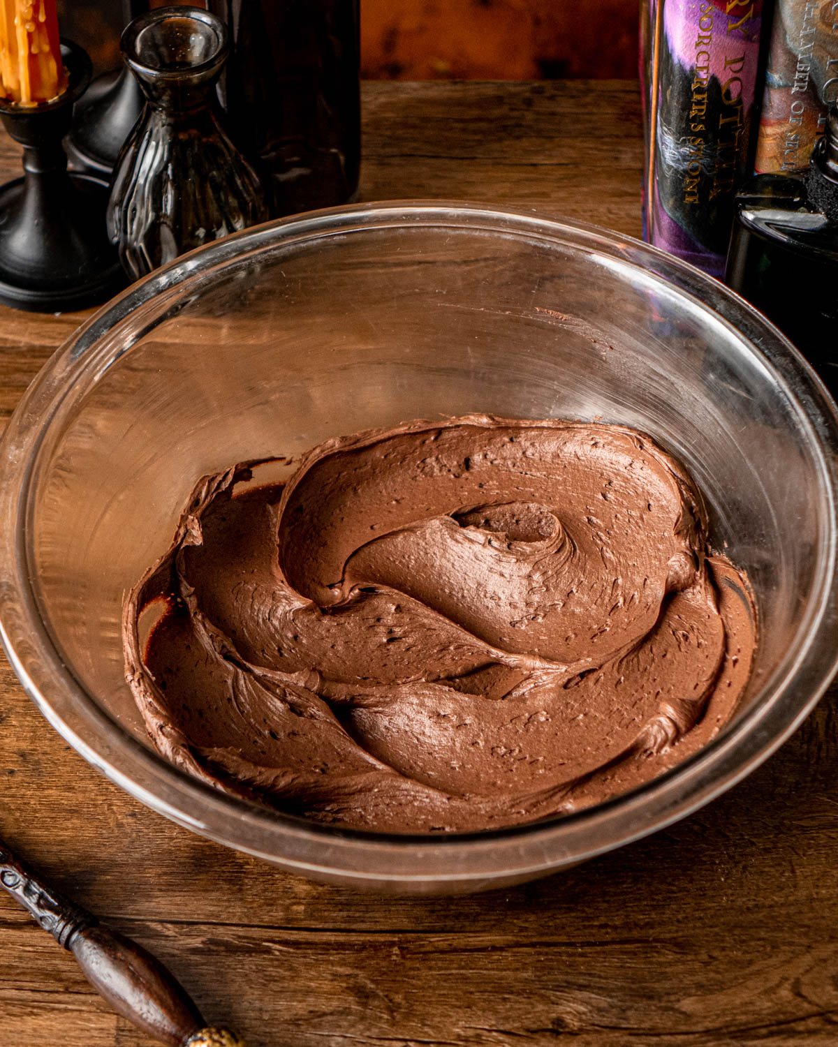 chocolate buttercream in a glass bowl