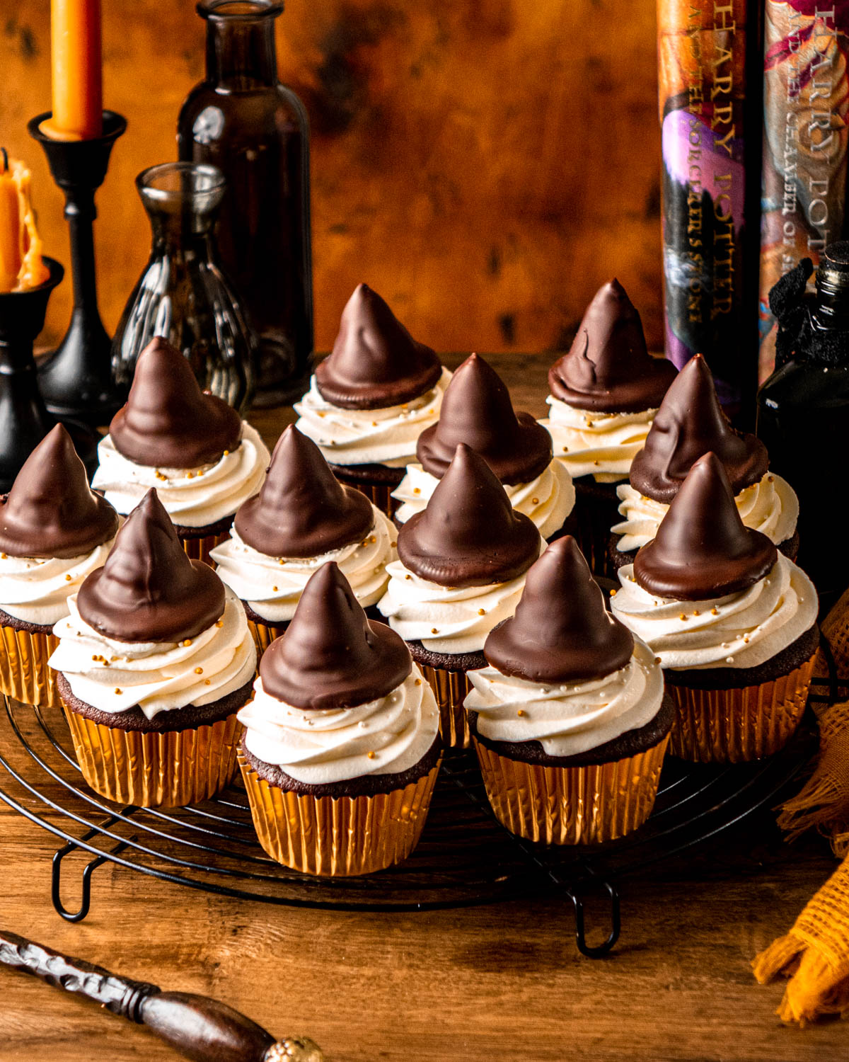 cupcakes assembled with the little sorting hats 
