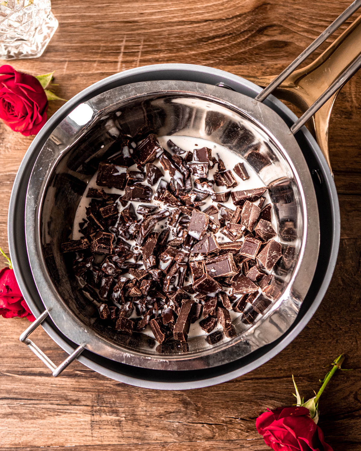 chopped chocolate and cream in a double boiler