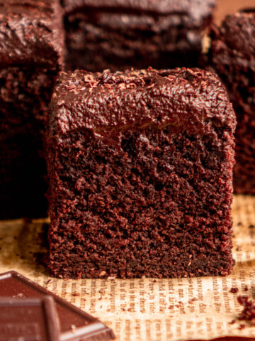 close up of a slice of chocolate fudge cake