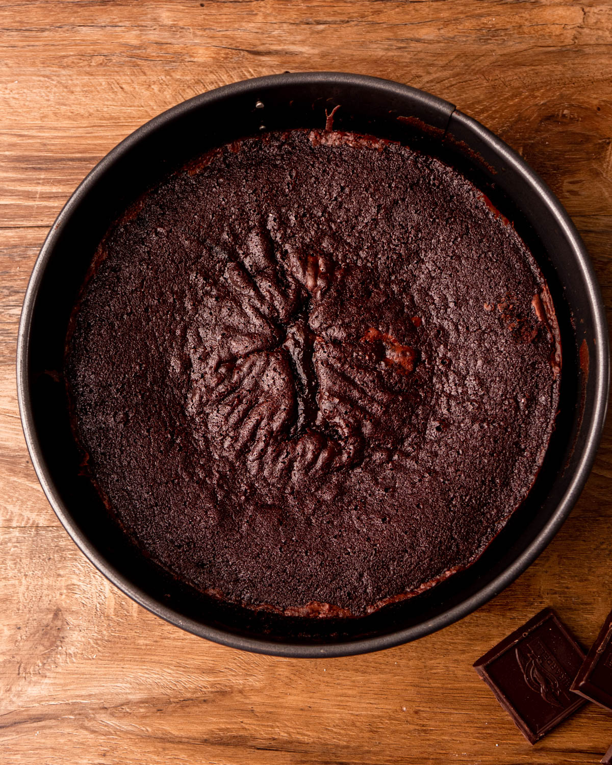chocolate gooey butter cake in pan after baking