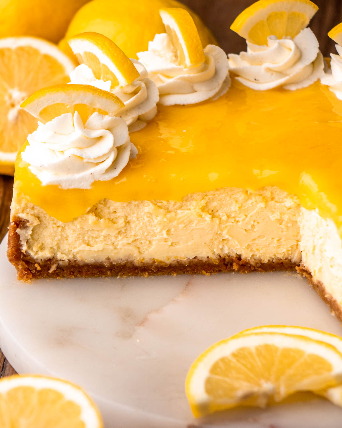 close up of lemon cheesecake sliced open