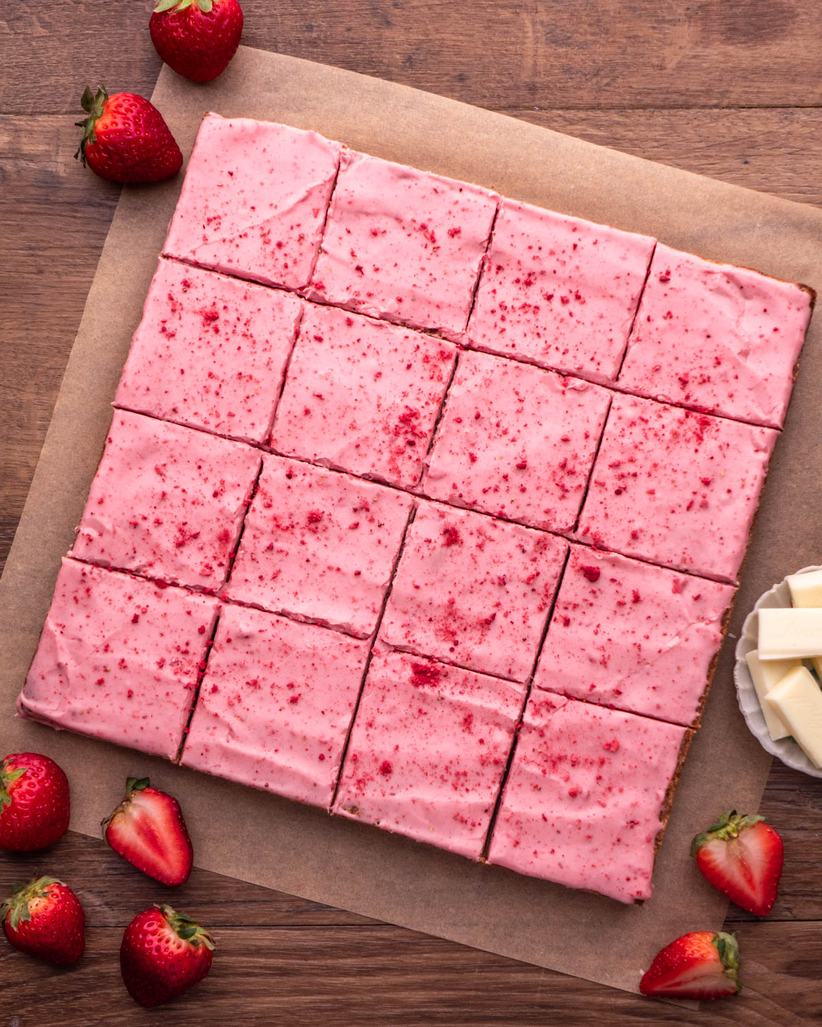 strawberry brownies cut into 16 squares