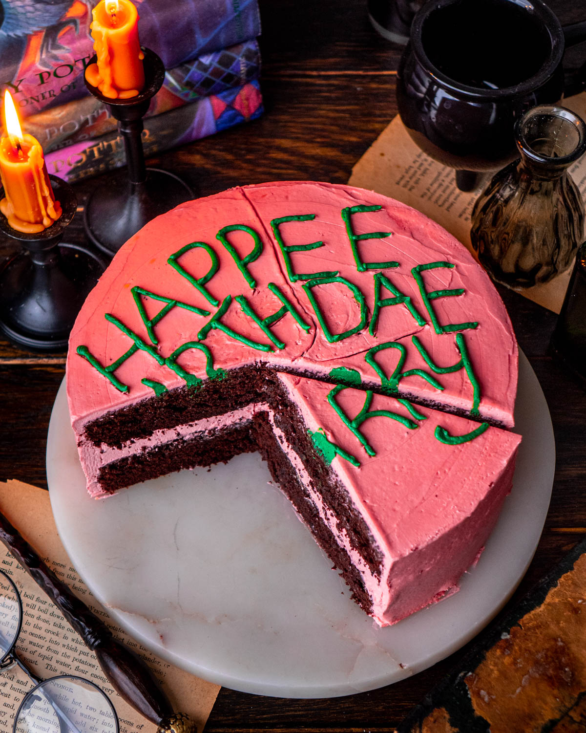 30 Harry Potter Birthday Cake Ideas : Soft Pink Cake Topped with Red Spell  Books