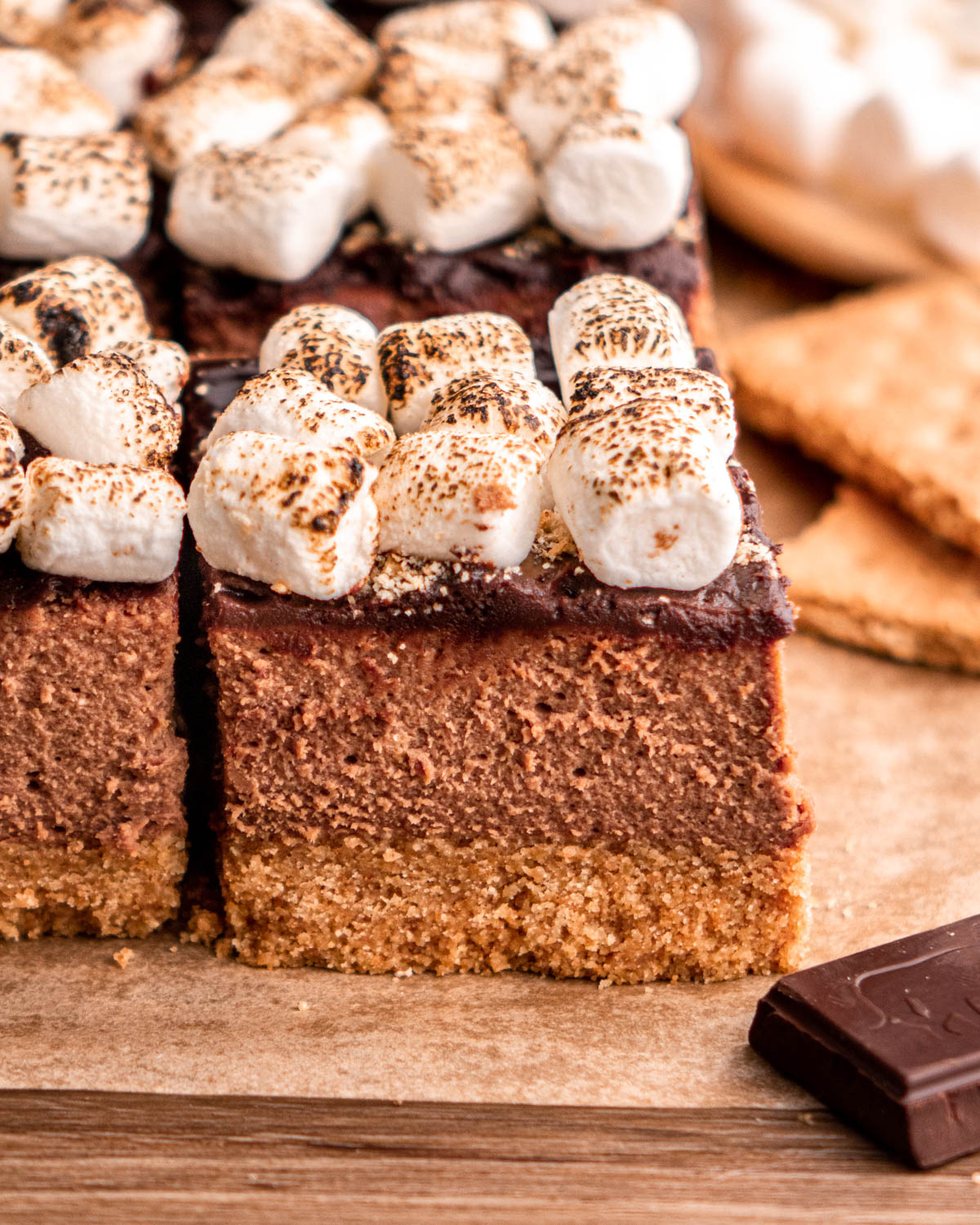 close up of s'mores cheesecake bar with marshmallows, graham crackers and chocolate around